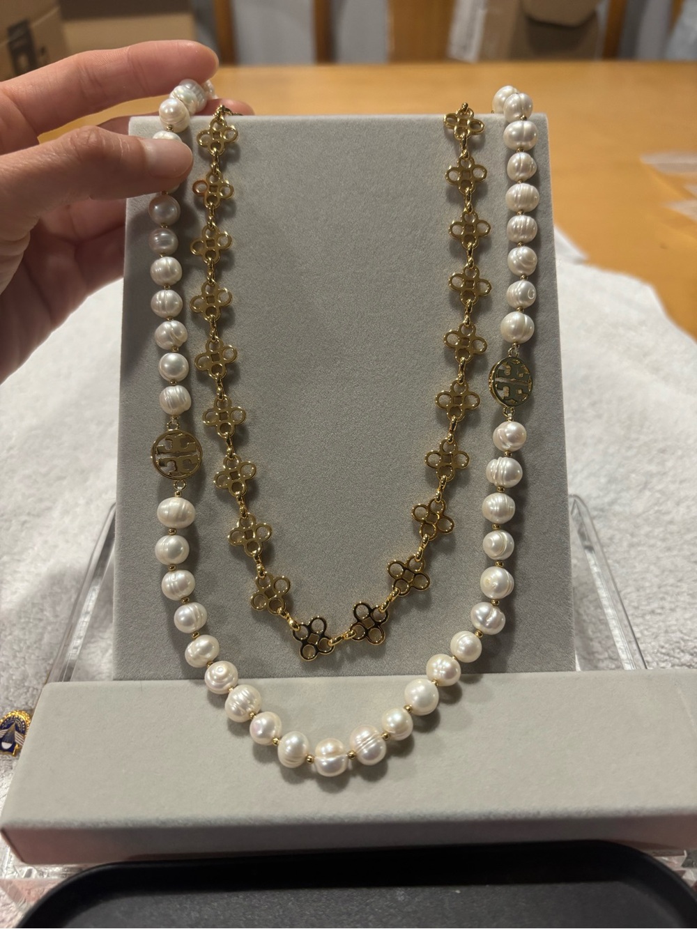 Lot of 2 Tory Burch Pearl Strand and Gold Logo Station Necklace
